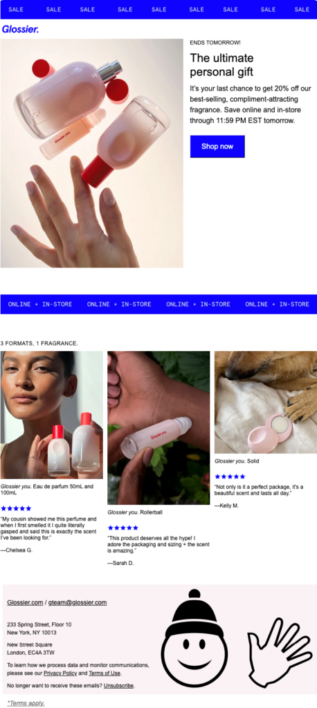 An example of a successful marketing email from Glossier featuring user generated content.