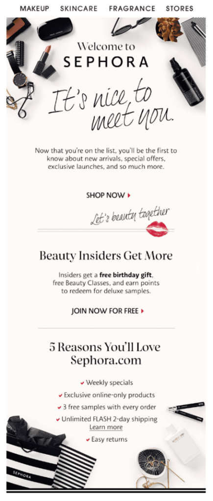 An example of a successful marketing email from Sephora welcoming the subscriber to their exclusive beauty insiders.